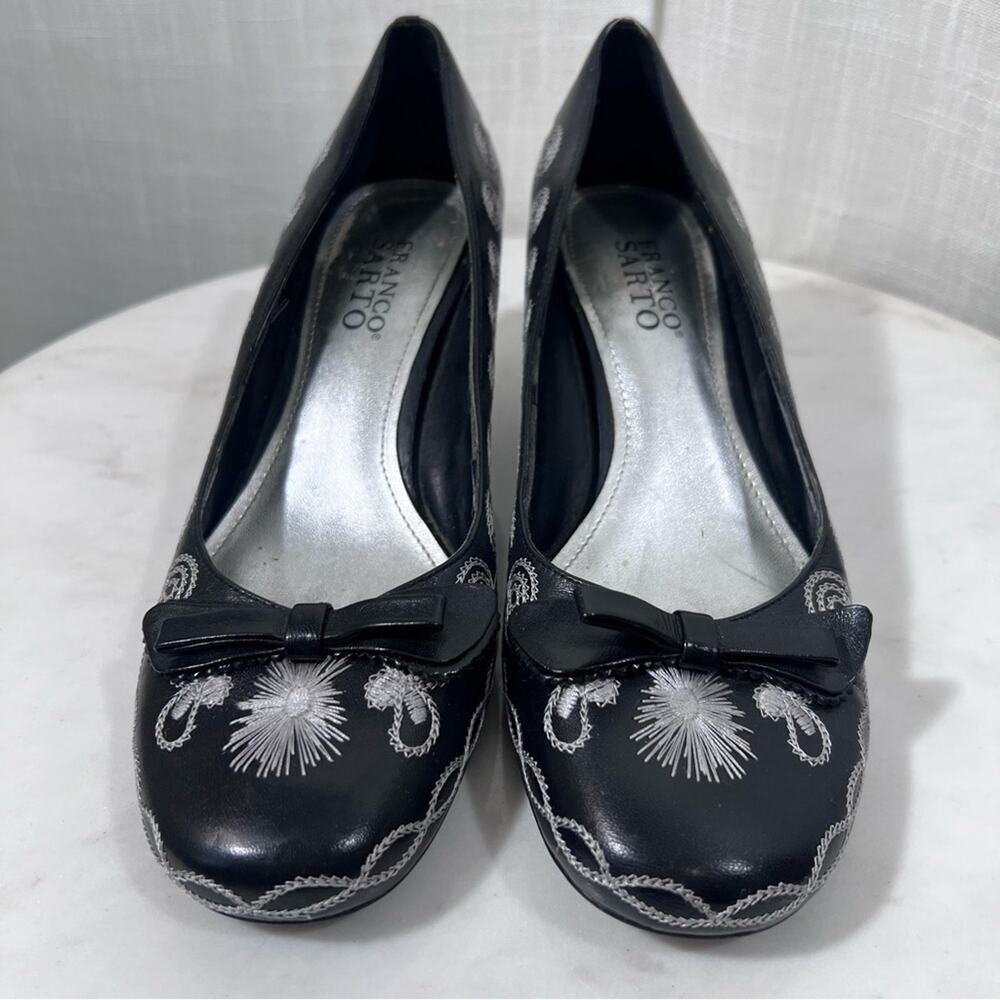 Franco Sarto Black Ballet Heels with Silver Embroidery and Bow!